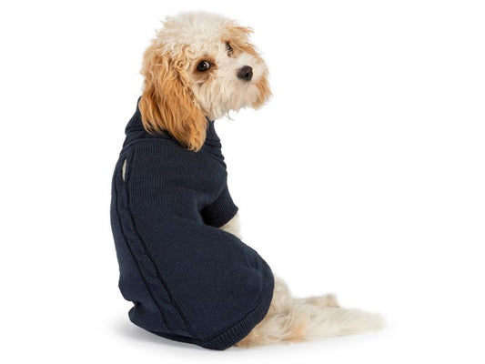 White and Brown Dog in Navy Cable Knit Jumper 25cm